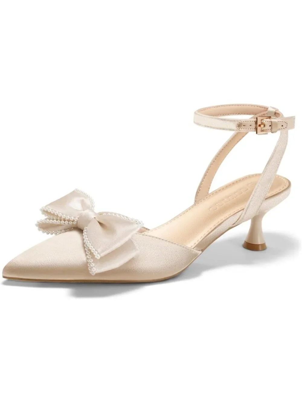 Women's Gold Satin Kitten Low Heels Bow Pearl Closed Pointed Toe Ankle Strap